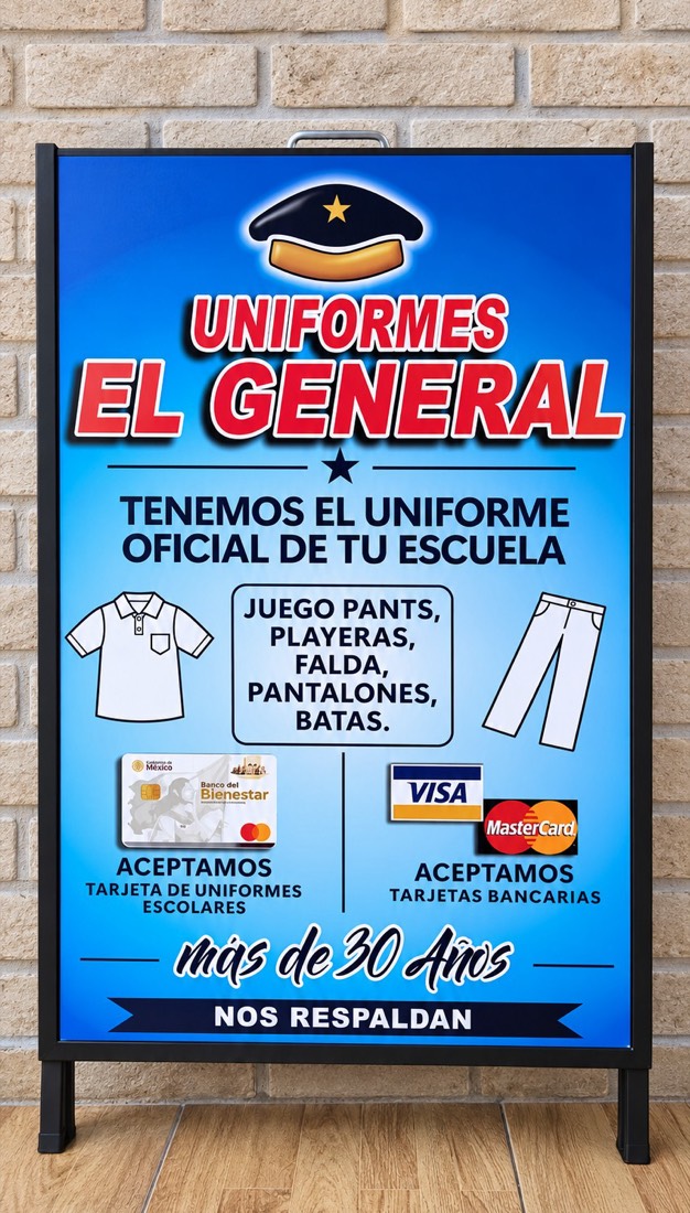 Caballete publicitario con diseño full color para Uniformes El General