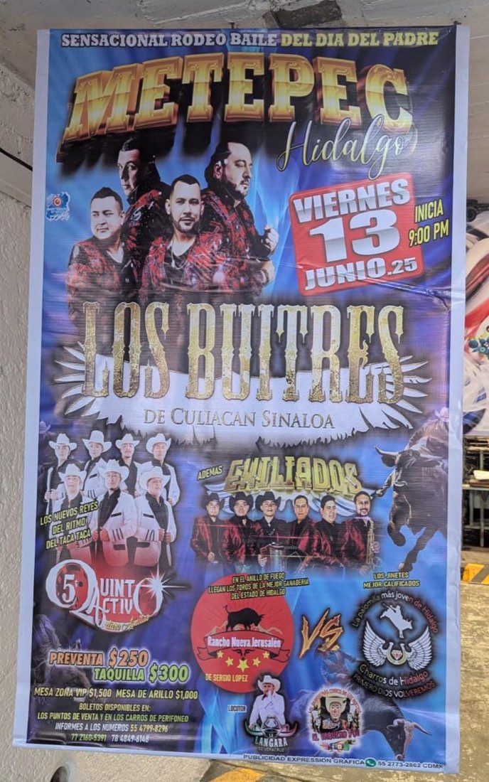 Póster full color de rodeo baile Metepec Hidalgo con Los Buitres de Culiacán